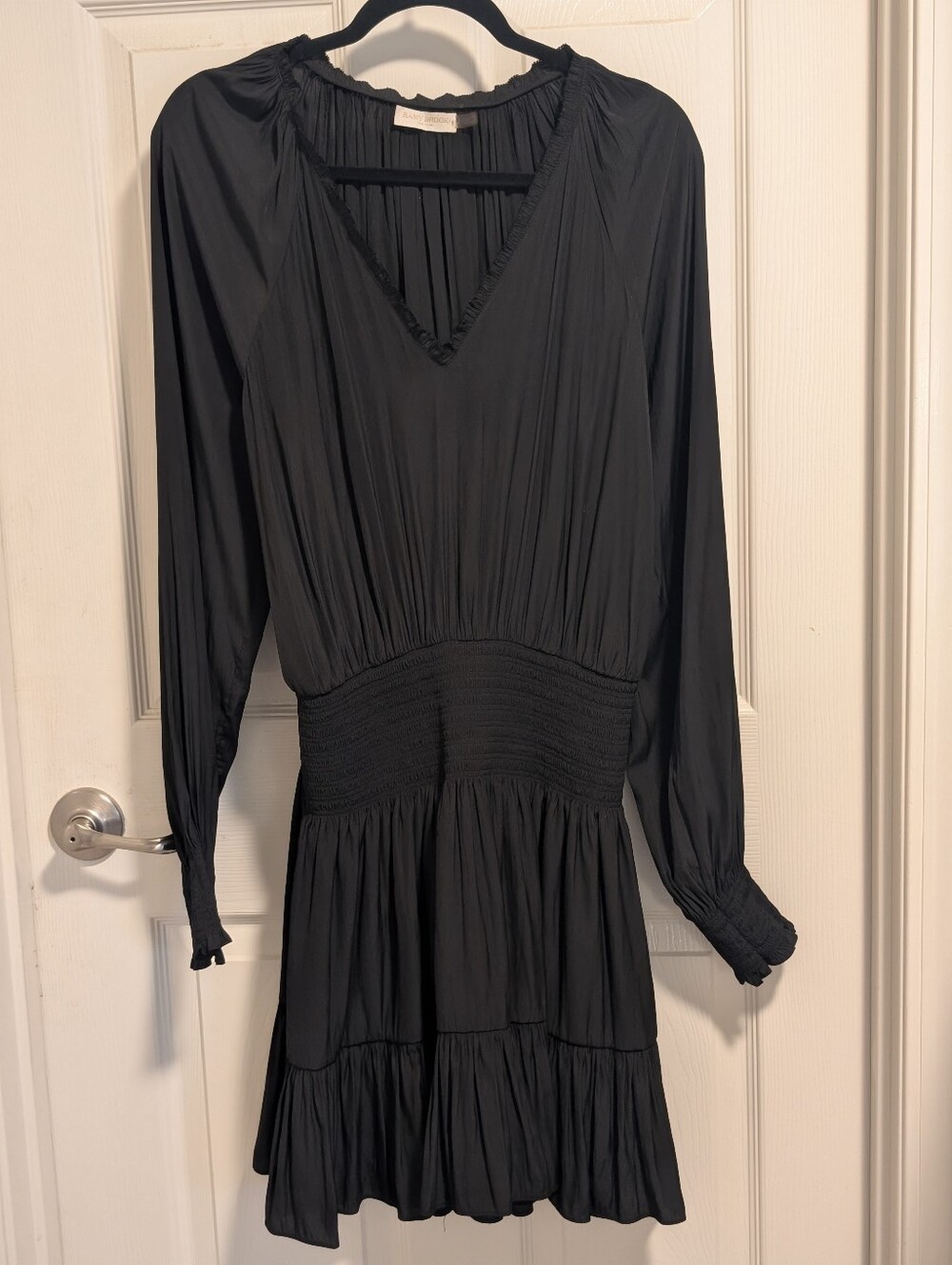 RAMY BROOK Black Long-Sleeve V-Neck Smocked Waist Dress